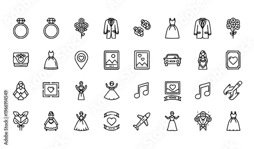 Wedding and romance line icons collection with engagement dress celebration and honeymoon symbols vector