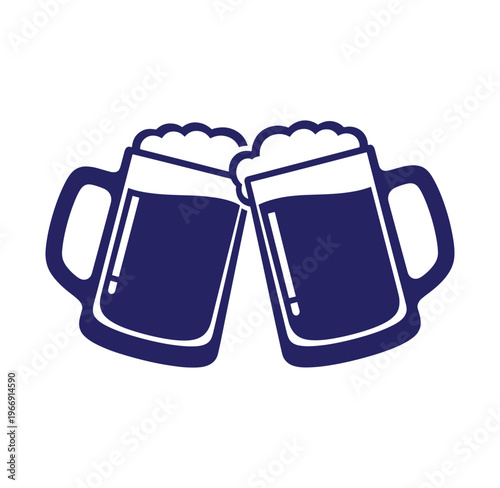 Two beer mugs clinking together with foamy tops in a celebratory gesture