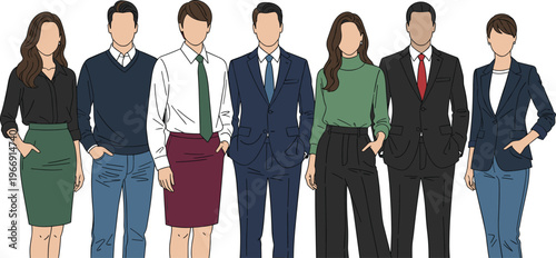 Group of Diverse Business Professionals Standing Together in Corporate Attire Featuring Men and Women in Suits and Casual Office Wear Vector Illustration Set