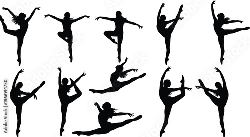 Graceful rhythmic gymnastics and ballet dancer black silhouette set with flexible female athletes in jumping and dancing poses isolated on white background for vector.