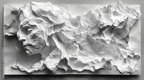 Monochromatic paper sculpture of woman's face merging into mountainous landscape
