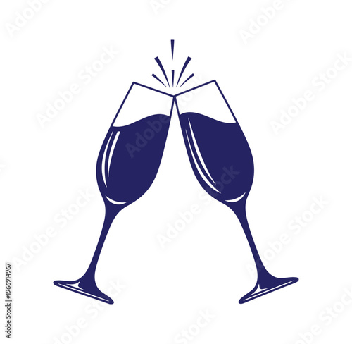 Two wine glasses clinking together with liquid and sparkles  celebration icon