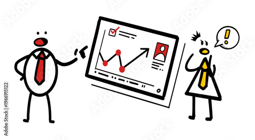 Businessman Presenting Chart to Shocked Colleague - Cartoon businessman pointing at rising graph while shocked colleague reacts, perfect for business presentation and office concepts