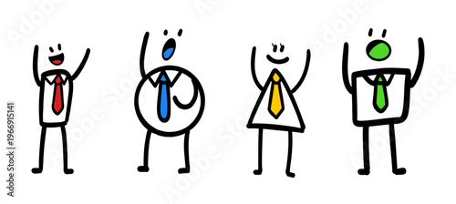 Celebrating Businessmen Set - Cartoon stick figure businessmen with raised arms in joyful celebration poses, perfect for success, achievement, victory, and team motivation