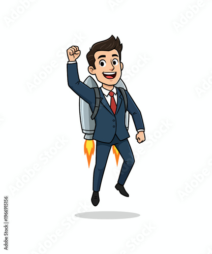 Excited cartoon businessman flying upward with a personal rocket pack showing success and motivation