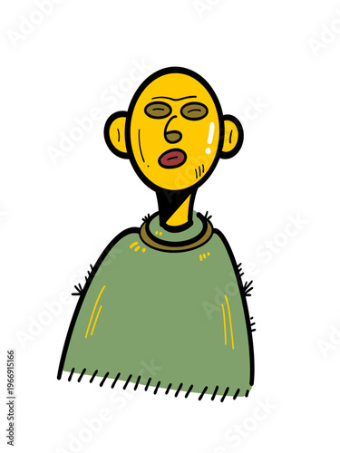 Tired Yellow Character in Green Poncho - Cartoon yellow-skinned figure with droopy eyes and green fringed poncho, perfect for emotion, character design, and illustration