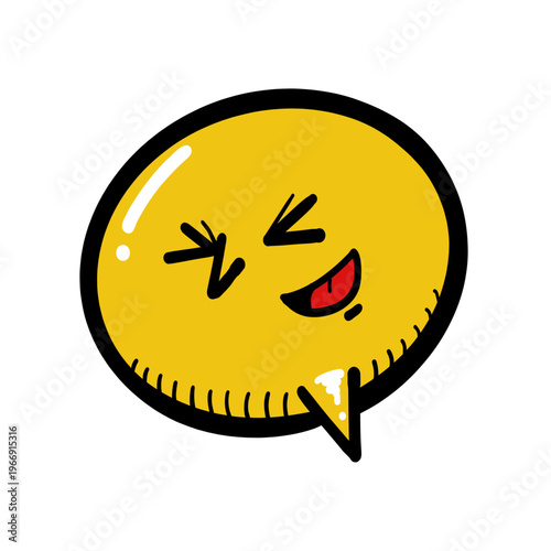 Winking Yellow Speech Bubble Emoji - Cartoon yellow speech bubble with cheeky winking face and laughing expression, perfect for chat stickers, reactions, and messaging