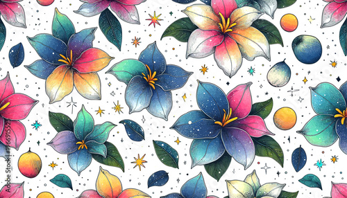 cosmic vibrant florals seamless vector pattern