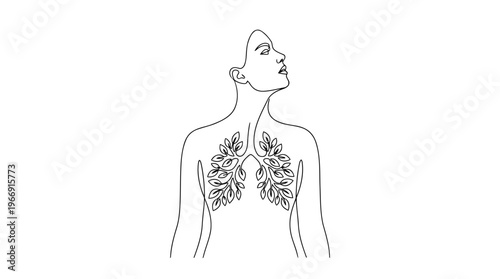 Person Breathing With Lungs as Leaves, We Are Nature Concept, Continuous Line Art
