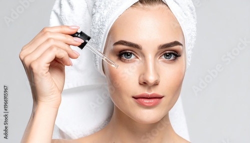 Young woman applying facial serum with dropper for skincare routine.