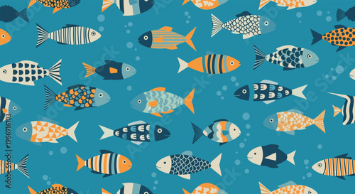 Vibrant seamless pattern with various stylized fish in different colors and patterns swimming in a deep blue ocean with small bubbles.