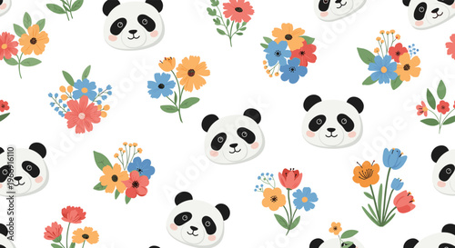 Adorable seamless pattern with cute panda heads and colorful flower bouquets on a white background suitable for kids fabric or paper.