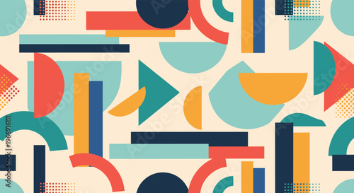 Modern abstract geometric pattern featuring a variety of colorful shapes like rectangles semicircles and triangles in a balanced composition.