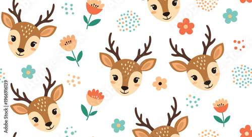 Sweet seamless pattern with cute deer heads, colorful flowers, and dotted circles on a white background for nursery or kids room.
