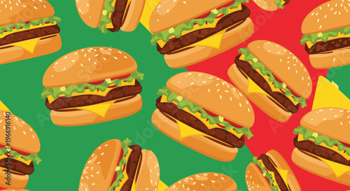 Tasty looking seamless pattern with delicious hamburgers featuring cheese, lettuce, and tomatoes on a red and green background.