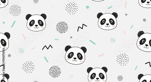 Playful seamless pattern featuring cute panda heads with various geometric shapes and textured circles on a light gray background.