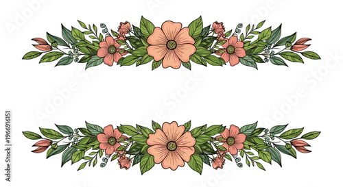 Elegant horizontal floral border with peach colored flowers and green leaves in a hand drawn sketch style on a white background.