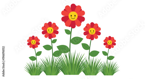 Simple illustration of bright red flowers with smiling faces growing in green grass on a white background for kids education.