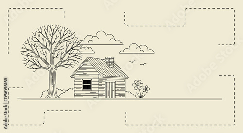 Serene landscape illustration with a small wooden cabin, a large bare tree, and flowers in a fine line sketch style on beige.