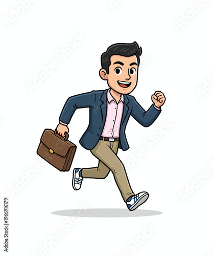Energetic cartoon businessman runs quickly while holding a brown leather briefcase for important documents