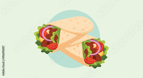Delicious chicken or beef shawarma wraps with fresh vegetables including lettuce, tomato, and onion on a light green background.