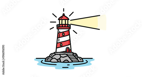 Iconic red and white striped lighthouse standing on rocks in the sea with its light beam shining on a white background.