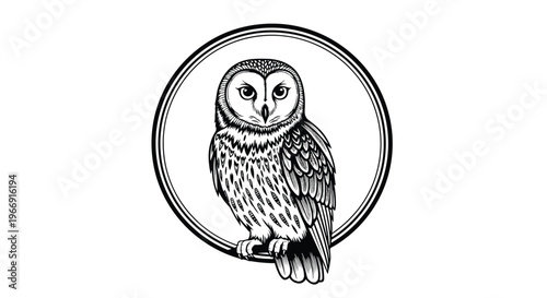 Black and white vintage style logo of a detailed owl perched on a branch inside a circular frame on a white background.