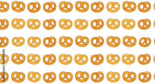 Endless seamless pattern of golden brown salted pretzels arranged in rows on a clean white background for food packaging.