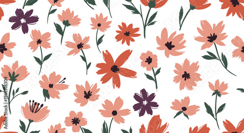 Seamless pattern of hand painted watercolor style flowers in shades of pink coral and deep purple on a white background.