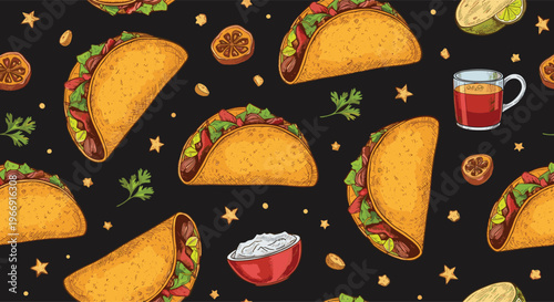 Lively seamless pattern featuring mexican tacos salsa bowls drinks stars and lemon slices over a dark black background.