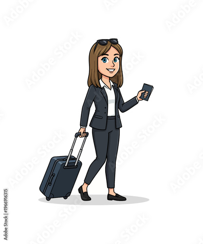 Cheerful businesswoman in a sharp suit smiling while pulling a rolling suitcase and holding a ticket