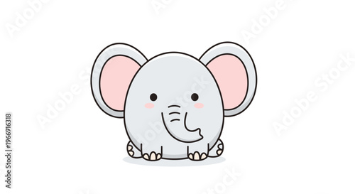 Adorable illustration of a tiny round grey elephant with large ears and a small trunk sitting peacefully on a white background.