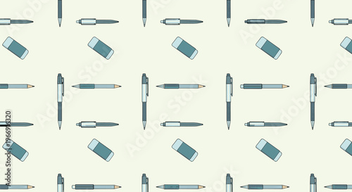 Seamless school themed pattern showing blue ballpoint pens and erasers neatly arranged on a light cream colored background.