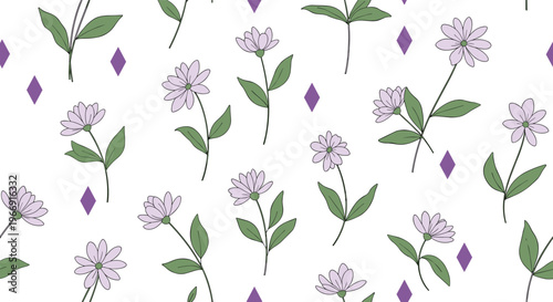 Seamless botanical pattern with delicate purple flowers green leaves and purple diamond shapes on a white background.