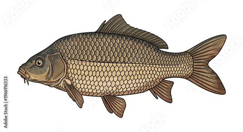 Detailed color illustration of a common carp fish with intricate scales and fins isolated on a plain white background.