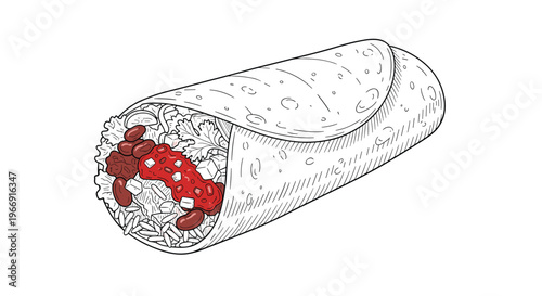 Detailed line drawing of a delicious mexican burrito wrap with beans rice salsa and vegetables isolated on white.