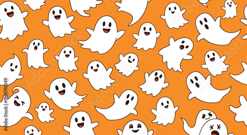Spooky and fun seamless pattern of cute white ghosts with different expressions on a bright orange halloween background.