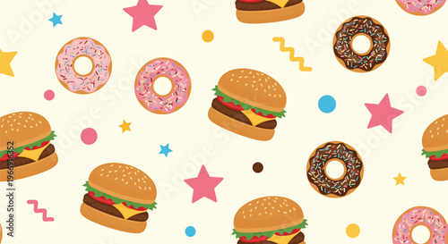 Fun seamless pattern of delicious cheeseburgers donuts colorful stars and geometric shapes on a light cream background.