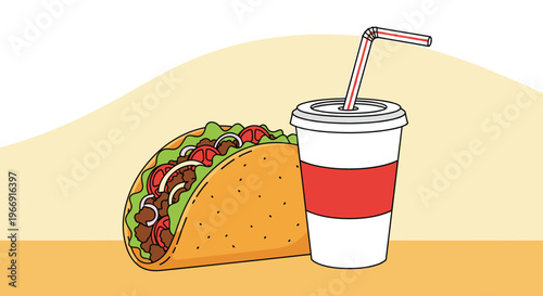Delicious mexican taco filled with meat and vegetables next to a large soft drink cup with a straw on an orange background.