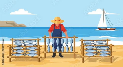 A person in a hat hangs fish on wooden drying racks on a beach with a sailboat