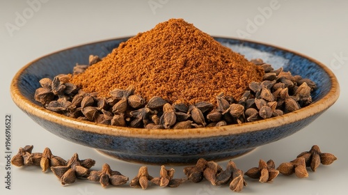 Pile of brown spice powder on plate with dried star anise spices on white background