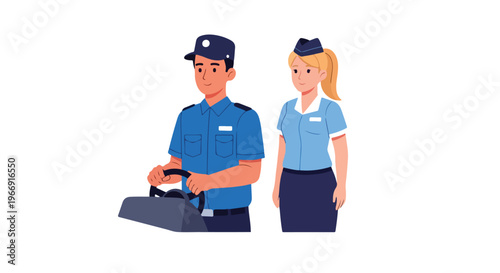 A male driver and a female flight attendant standing together in uniform gear