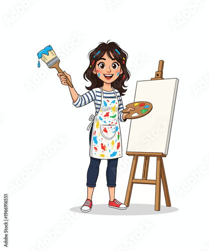 Cheerful young artist holding a loaded paintbrush and color palette near an easel