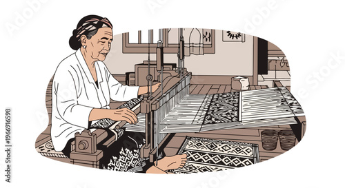 An elderly woman weaving intricate patterns on a traditional wooden floor loom