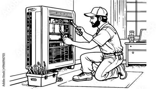 An air conditioner repairman fixing an air conditioner unit with a screwdriver