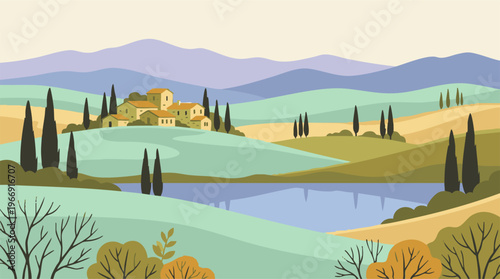 Minimalist Tuscan landscape with village, hills, lake, and cypress trees