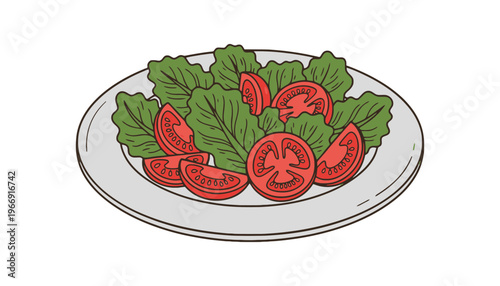 A vibrant salad plate with fresh tomatoes and lettuce leaves illustration