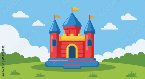 A colorful inflatable castle bounce house situated on a bright grassy green field