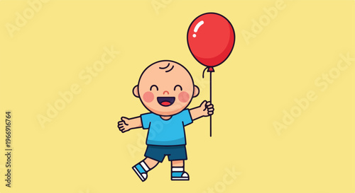 A happy cartoon baby wearing a blue shirt holding a single red helium balloon