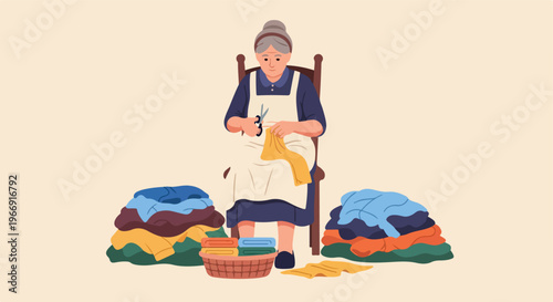 An elderly woman sitting in a chair cutting yellow fabric with scissors by clothes